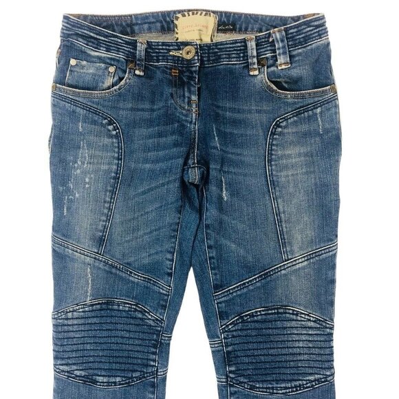 River Island Distressed Skinny‎ Moto Jeans Size 10 / 30 Light Blue Wash Low Rise - Picture 2 of 7